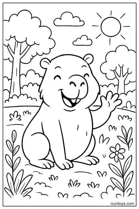 Capybara waves while sitting in field with trees Coloring Sheet