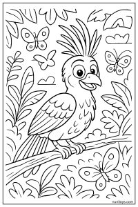 דף צביעה ציפור הואצין בין פרפרים ועלים
