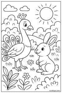 דף צביעה טווס עומד מול ארנב קטן בשדה פרחים