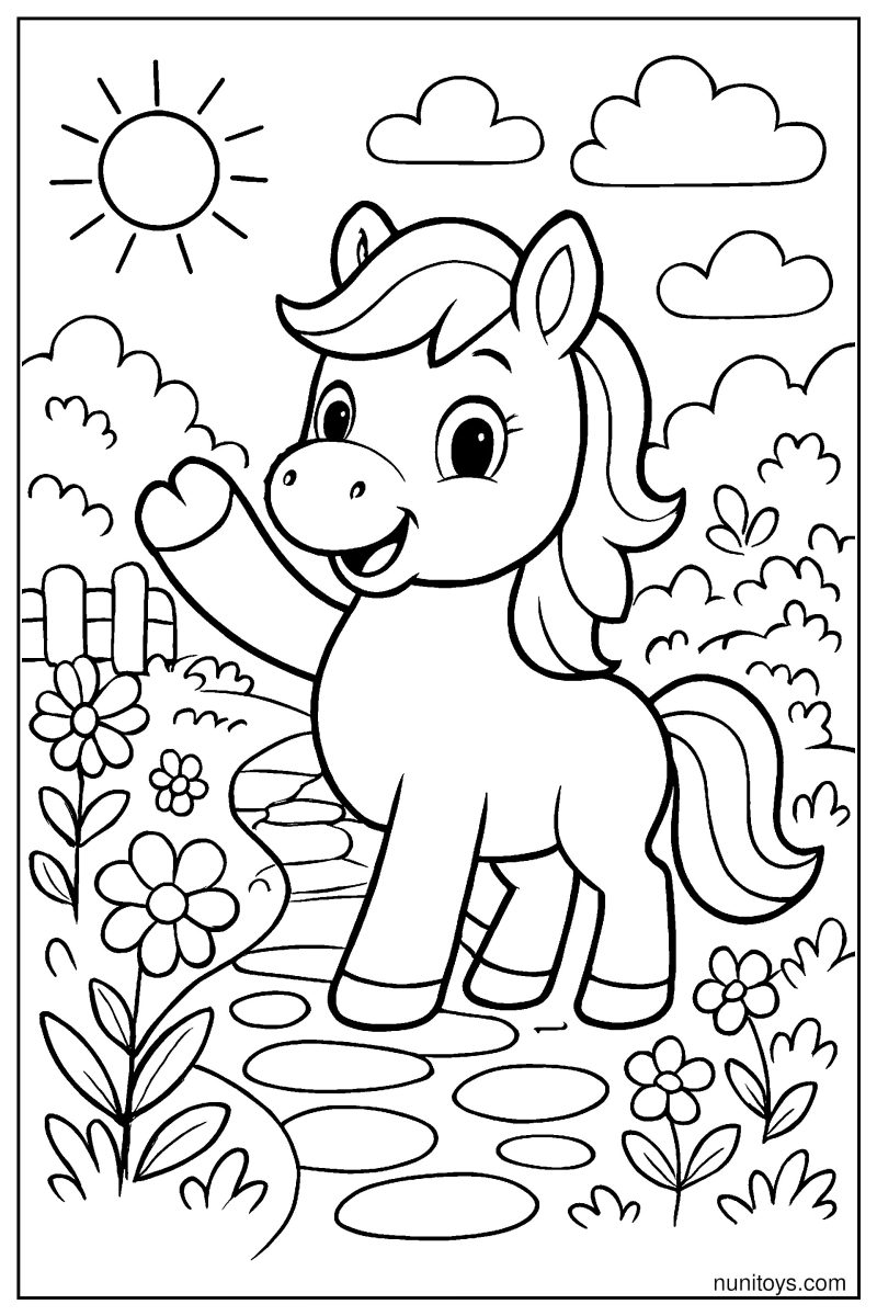Friendly Pony Waving Near a Colorful Garden Path Coloring Page