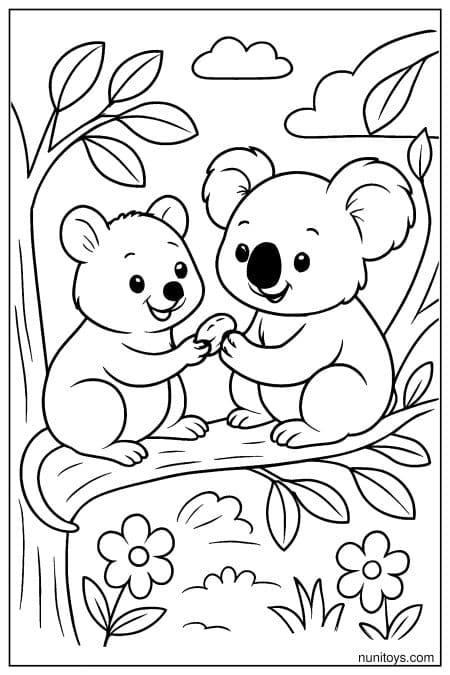 Quokka and koala sitting together on a tree branch Coloring Page