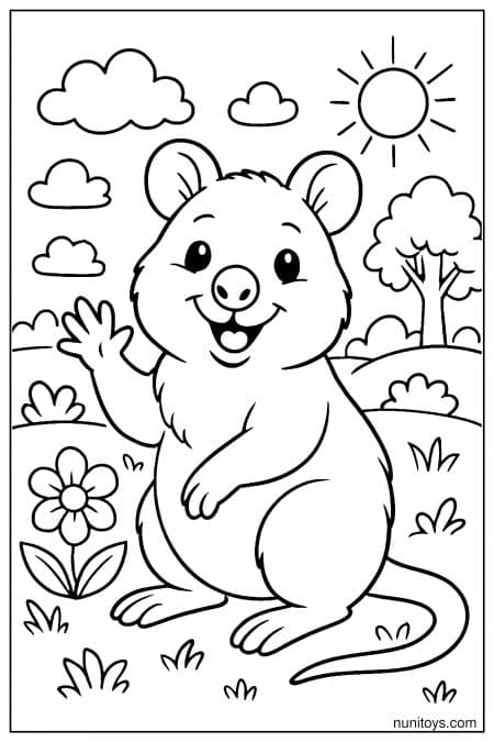 Friendly quokka waves in open field with trees Coloring Page