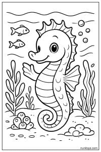 Seahorse Coloring Page with Fish and Sea Plants