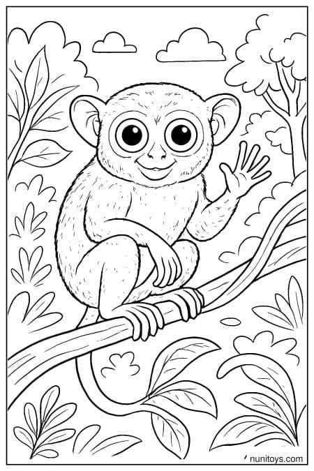 Tarsier Waving from Tree Branch Coloring Page