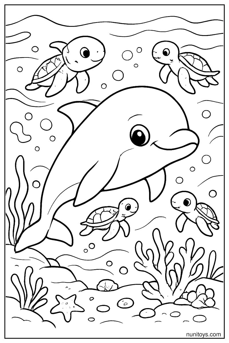 Friendly Vaquita Swimming with Tiny Turtles Coloring Page