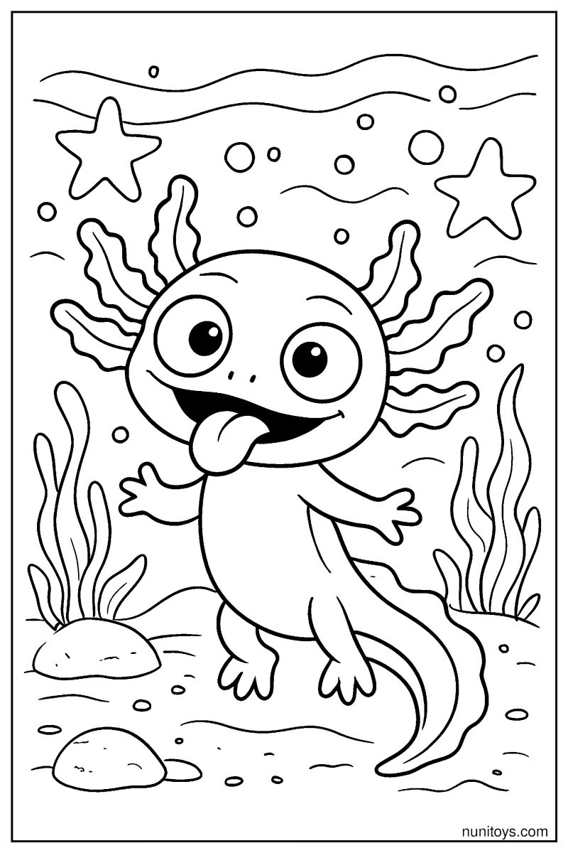 דף צביעה אקסולוטל מצחיק עם לשון בחוץ בין כוכבי ים