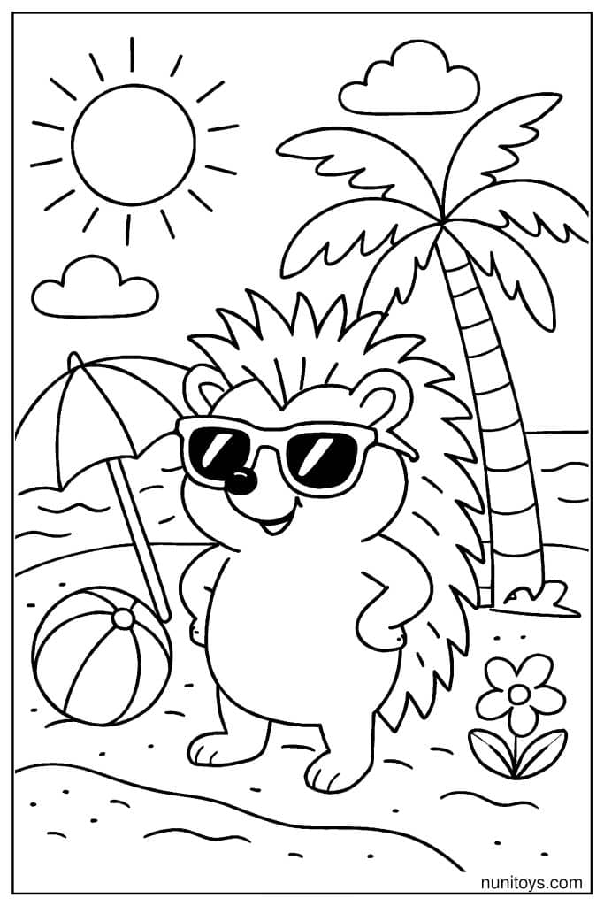 דף צביעה של קיפוד עם משקפי שמש על חוף הים