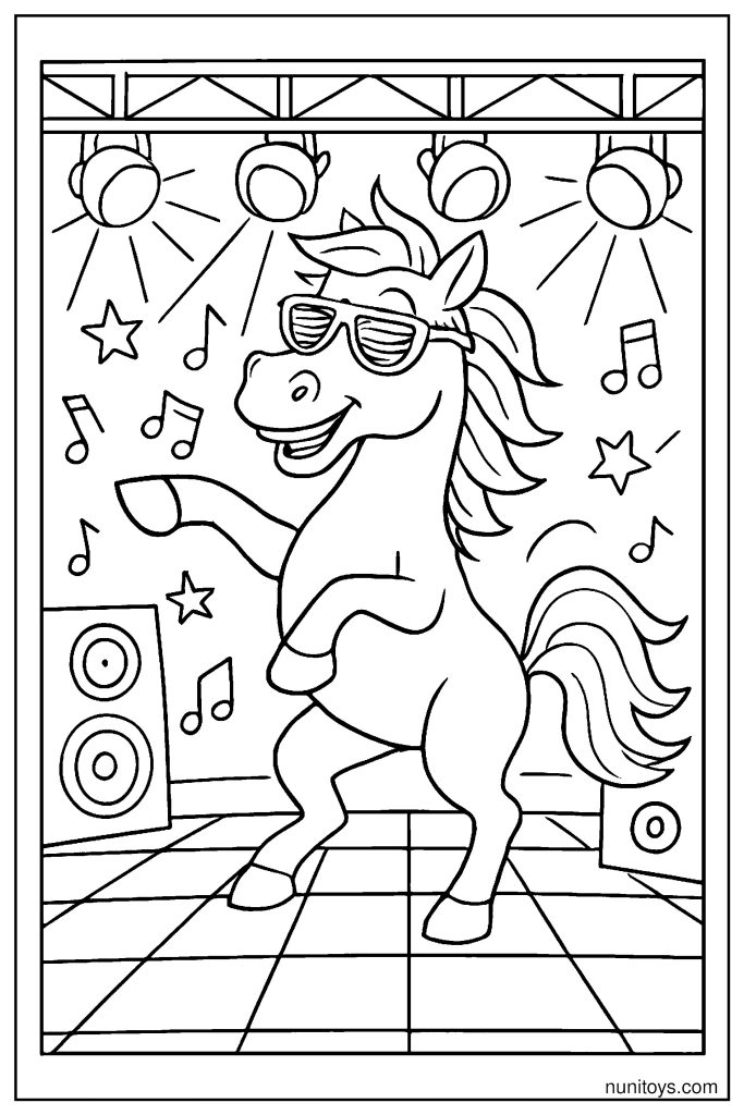 Funny Dancing Horse in Disco Sunglasses Coloring Page