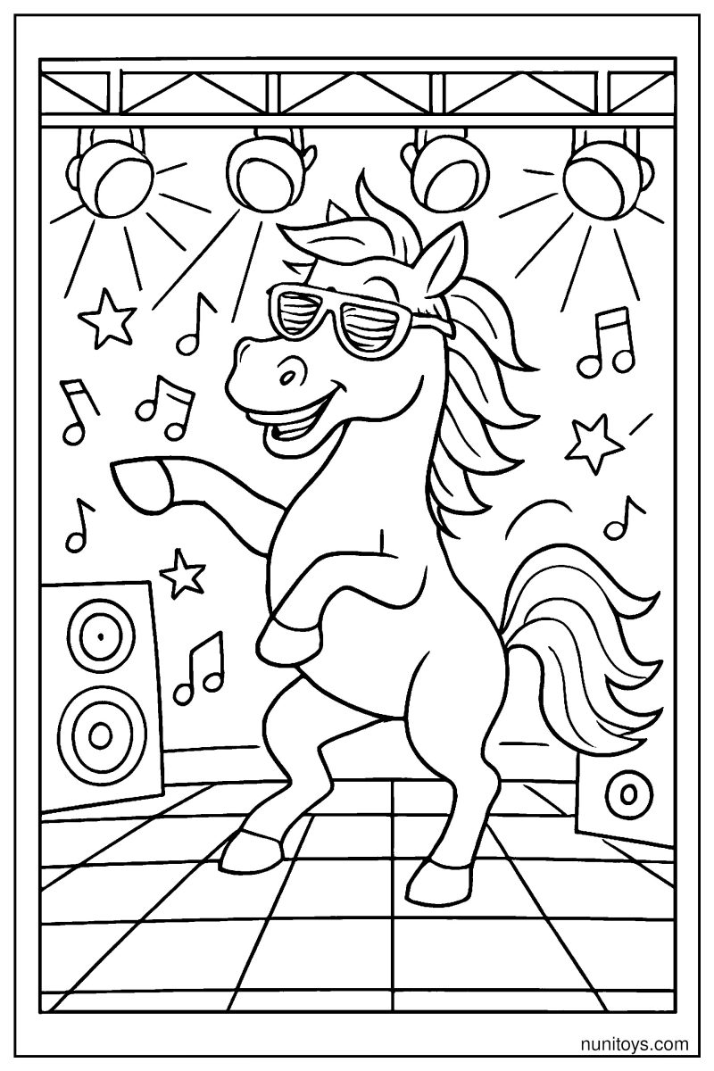 Funny Dancing Horse in Disco Sunglasses Coloring Page