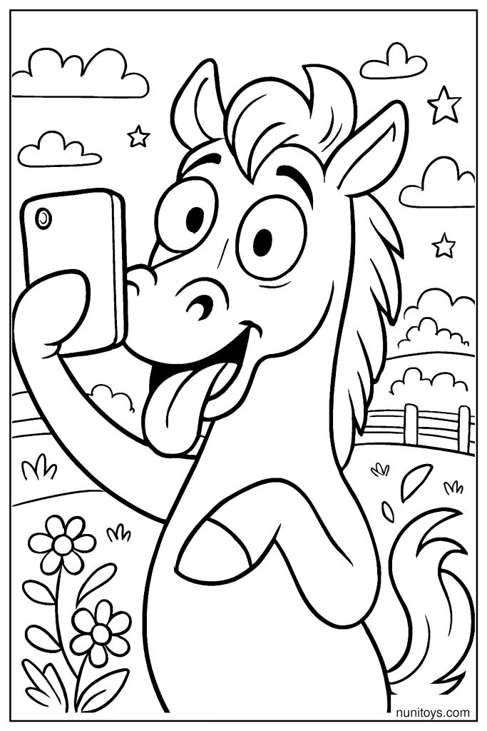 Funny Horse Selfie Moment Coloring Page
