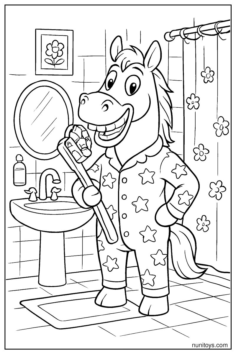 Funny Horse in Pajamas Brushing Teeth Coloring Page