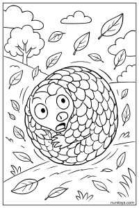 דף צביעה פנגולין מתגלגל לכדור עם עלים נושרים ברוח