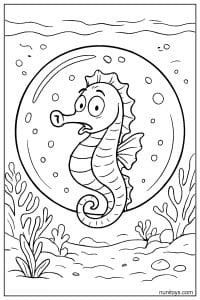 Seahorse Coloring Page Inside Circular Frame Underwater