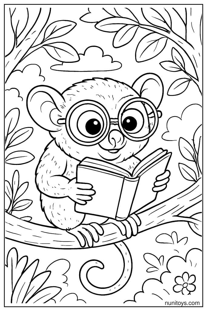 Tarsier Reading Book on Branch Coloring Page
