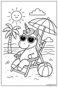 Unicorn Relaxing on Beach Chair Coloring Page