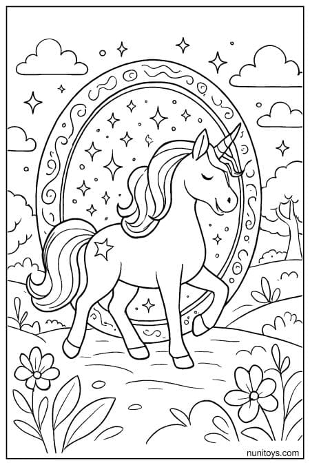Unicorn Walking Through Decorative Arch Coloring Page