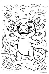 דף צביעה אקסולוטל עם משקפי צלילה מתחת למים