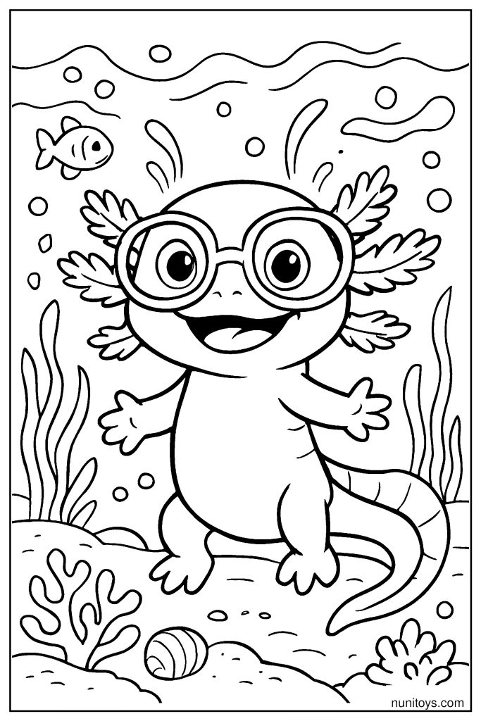 דף צביעה אקסולוטל עם משקפי צלילה מתחת למים