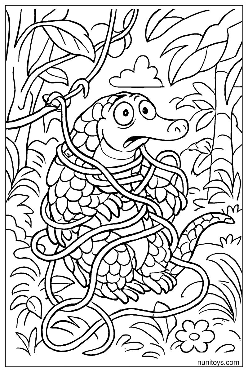 Goofy Pangolin Tangled in Jungle Vines Coloring Page