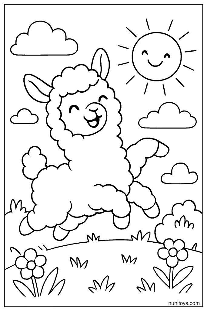 דף צביעה אלפקה קופצת בשמחה תחת שמש מחייכת