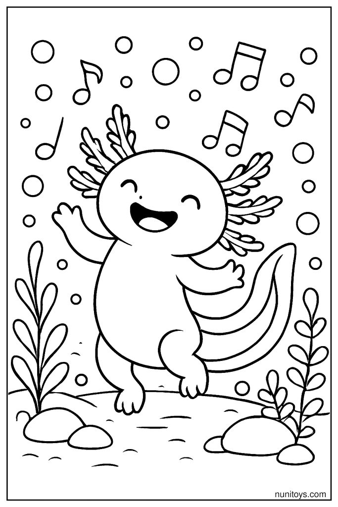 דף צביעה אקסולוטל רוקד עם תווים מוזיקליים מתחת למים