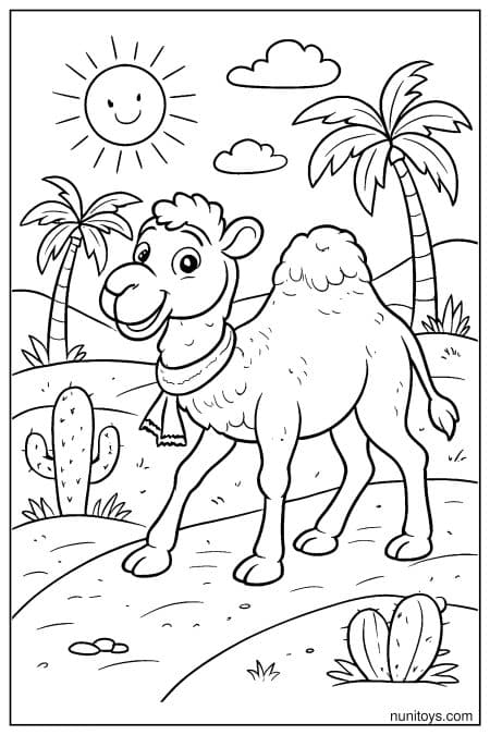 Printable Camel Walking Between Palm Trees and Cactus