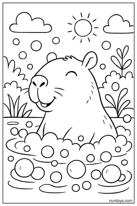 Capybara relaxes in water surrounded by bubbles outdoors Coloring Page