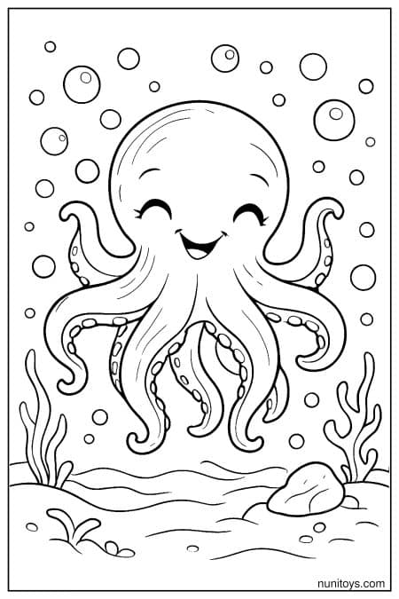 דף צביעה של תמנון דמבו מחייך מוקף בועות במים