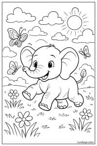 Elephant Playing in Field with Butterflies Coloring Page