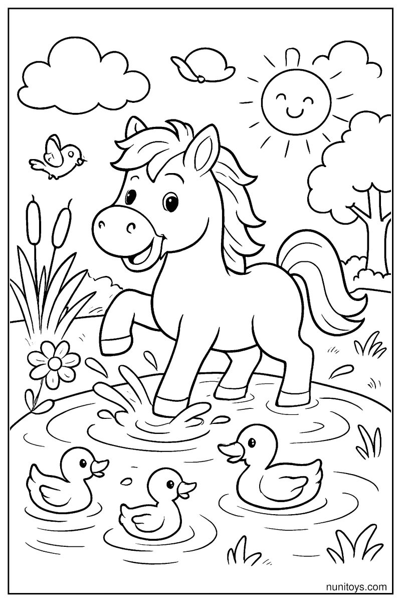 Happy Horse Splashing Water in a Small Pond Coloring Page