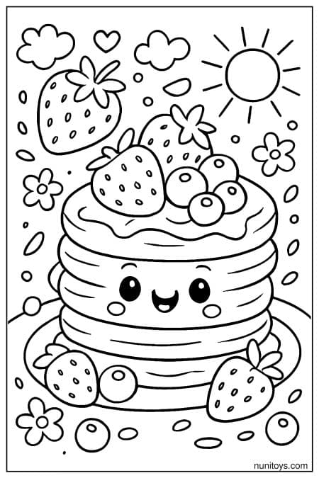 Smiling Pancake Stack with Strawberries and Berries in a Sunny Scene
