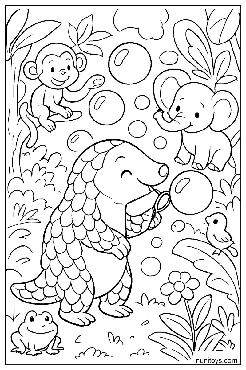 Happy Pangolin Blowing Bubbles: Jungle Friends Coloring Page