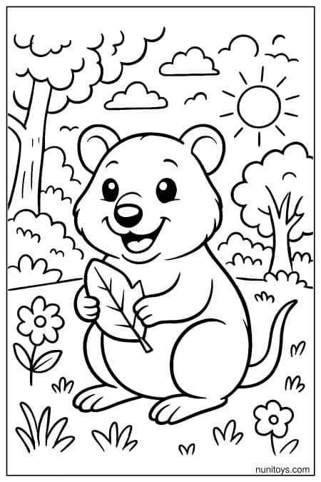 Cute quokka holds leaf in peaceful outdoor scene Coloring Page