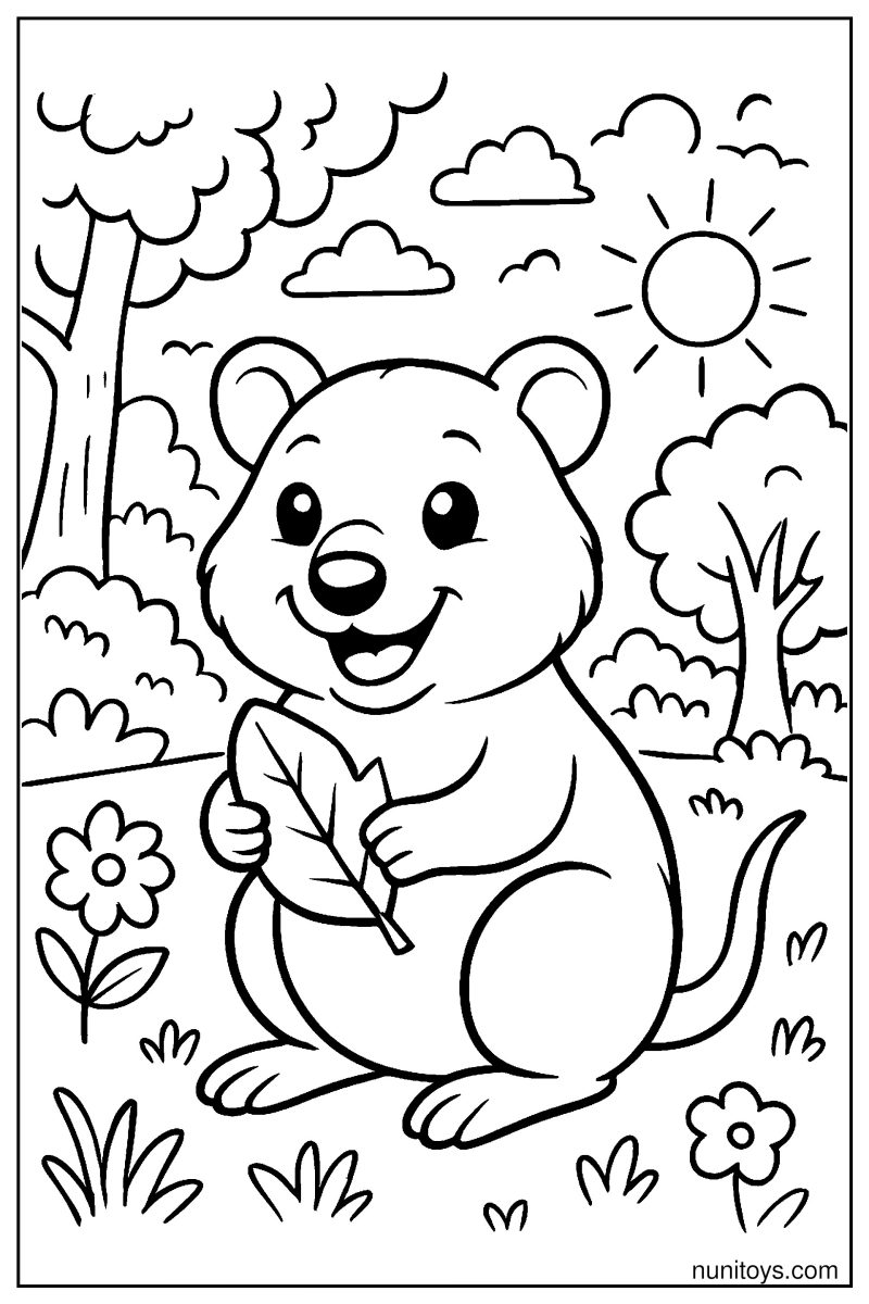 Happy Quokka Holding Leaf Snack Coloring Page