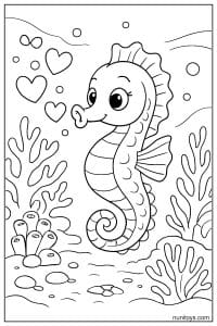 Printable Seahorse with Hearts and Coral Scene
