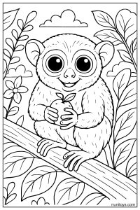Tarsier Coloring Page Holding Fruit on Tree Branch