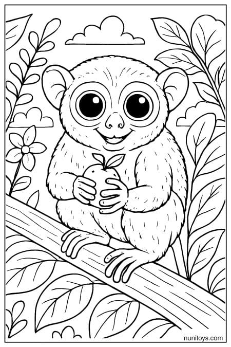 Tarsier Coloring Page Holding Fruit on Tree Branch