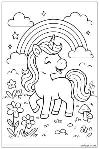 Unicorn Walking Under Rainbow with Flowers Coloring Page