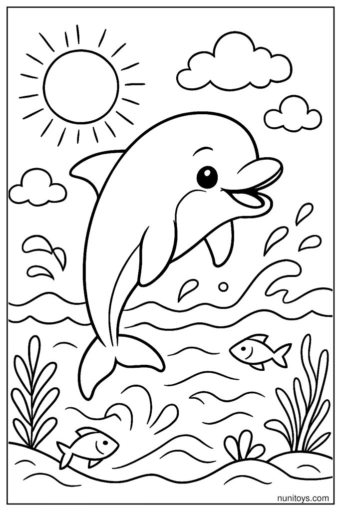 Happy Vaquita Jumping Above Gentle Waves Coloring Page
