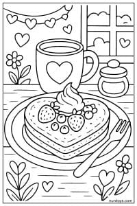 דף צביעה של פנקייק בצורת לב עם פירות וכוס שתייה חמה