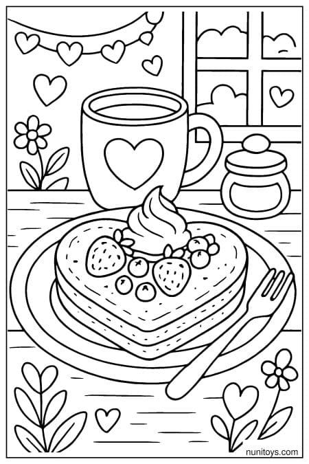 Sweet Love-Themed Pancake Breakfast with Berries Coloring Page