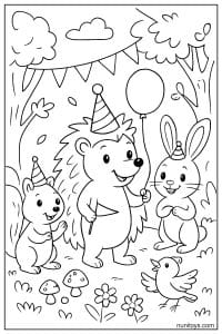 דף צביעה של קיפוד וחברים חוגגים עם כובעי מסיבה ובלון