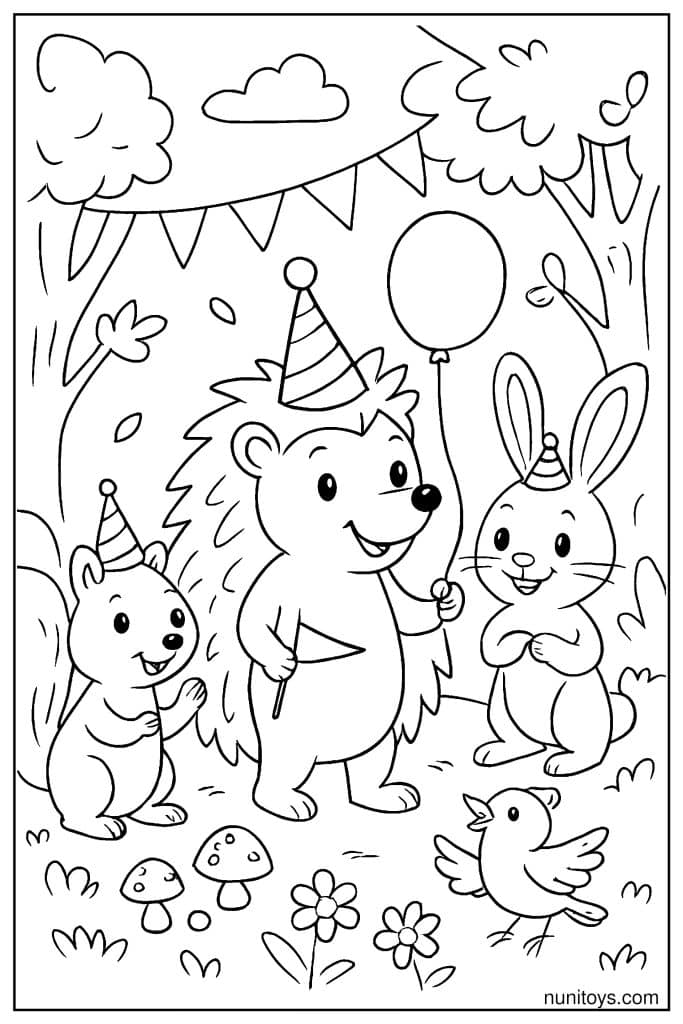 דף צביעה של קיפוד וחברים חוגגים עם כובעי מסיבה ובלון