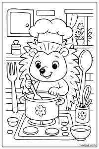 דף צביעה של קיפוד שף מבשל סיר על הכיריים במטבח