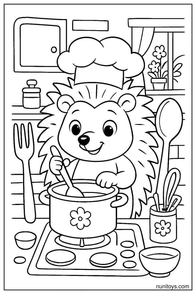 דף צביעה של קיפוד שף מבשל סיר על הכיריים במטבח