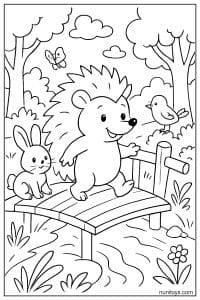 דף צביעה של קיפוד הולך על גשר עץ מעל נחל עם חברים