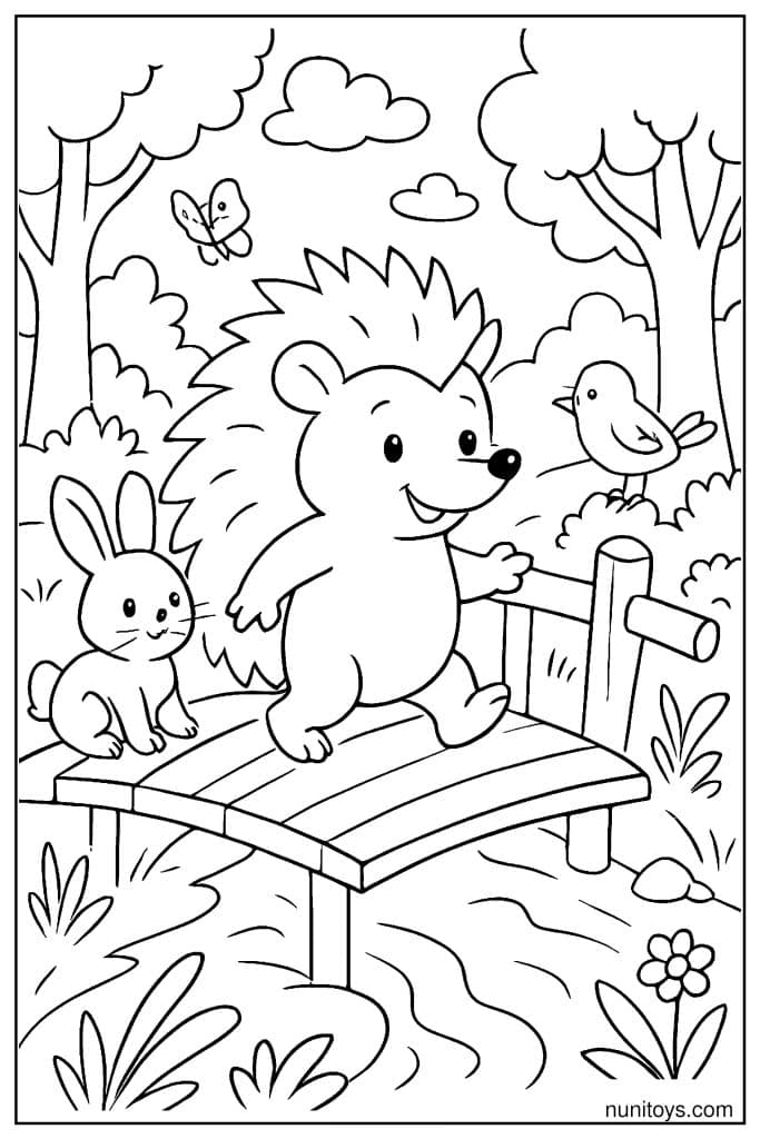 דף צביעה של קיפוד הולך על גשר עץ מעל נחל עם חברים