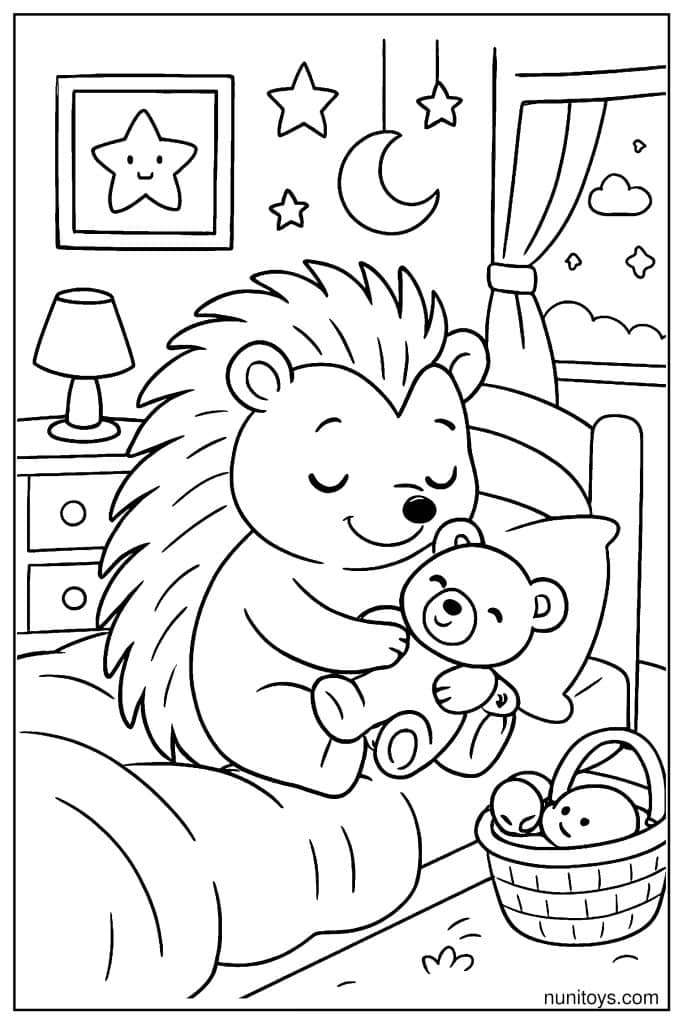 דף צביעה של קיפוד מחבק דובי במיטה בחדר שינה