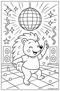 דף צביעה של קיפוד רוקד על רחבת ריקודים עם כדור דיסקו