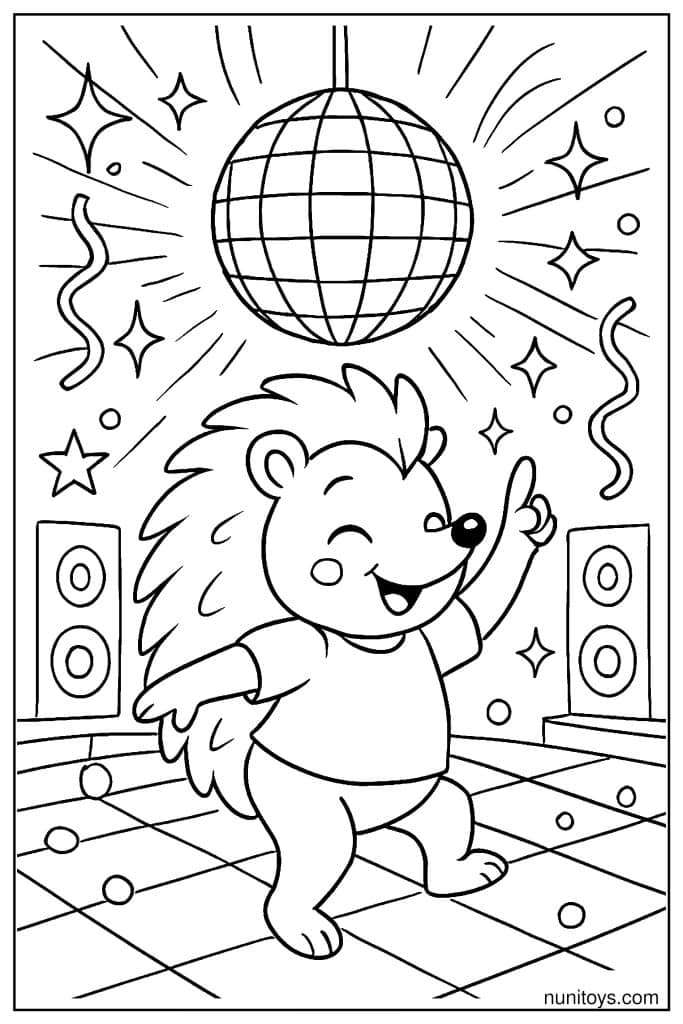 דף צביעה של קיפוד רוקד על רחבת ריקודים עם כדור דיסקו